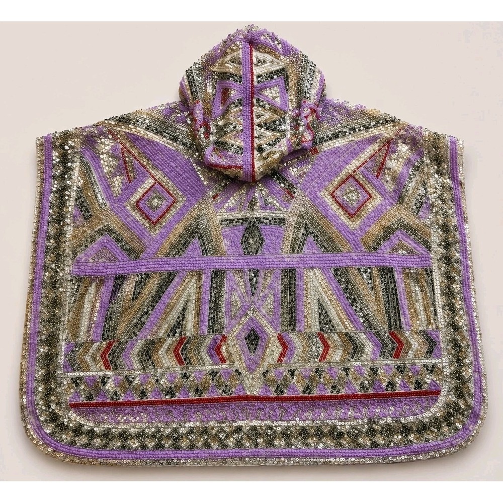 NWT Ramona La Rue by Arianne Hooded Sequin Poncho Lilac One Size Luxury - Picture 4 of 14